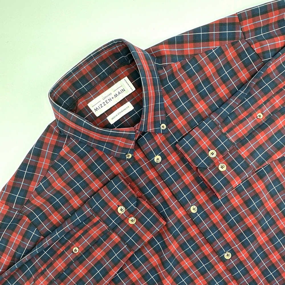 Mizzen + Main Leeward Mens Medium Standard Fit Red Navy Plaid Performance Shirt